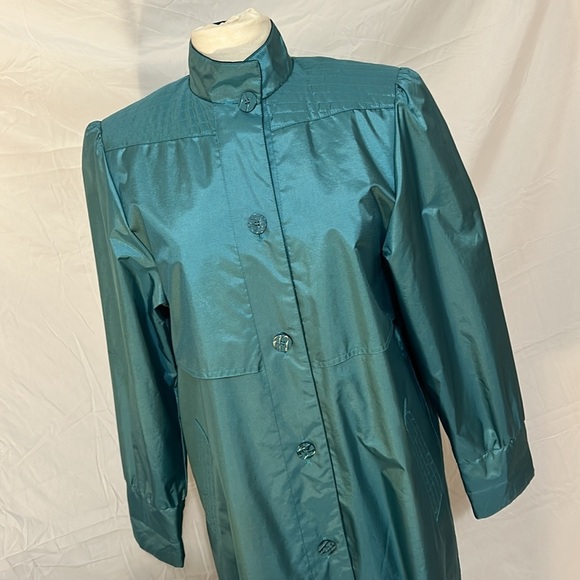 Vintage Trenchcoat Women L Turquoise Metallics Shimmer with Pockets Button Down - Picture 3 of 17